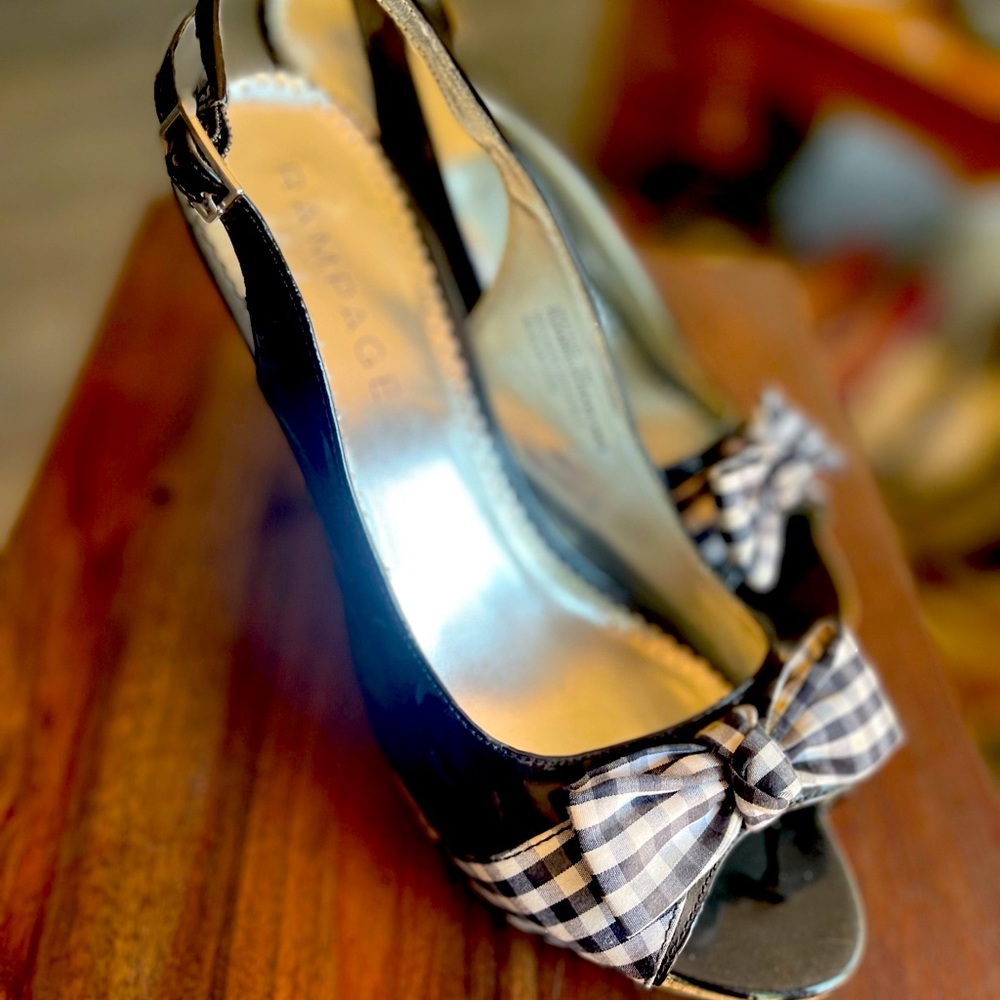 Black patten sling back with gingham bow